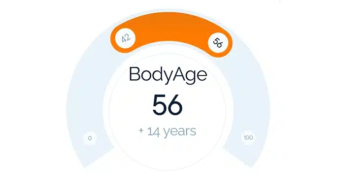 AGE Scanner screen showing biological age result, helping users monitor their health and longevity