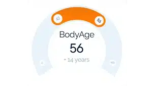 AGE Scanner screen showing biological age result, helping users monitor their health and longevity