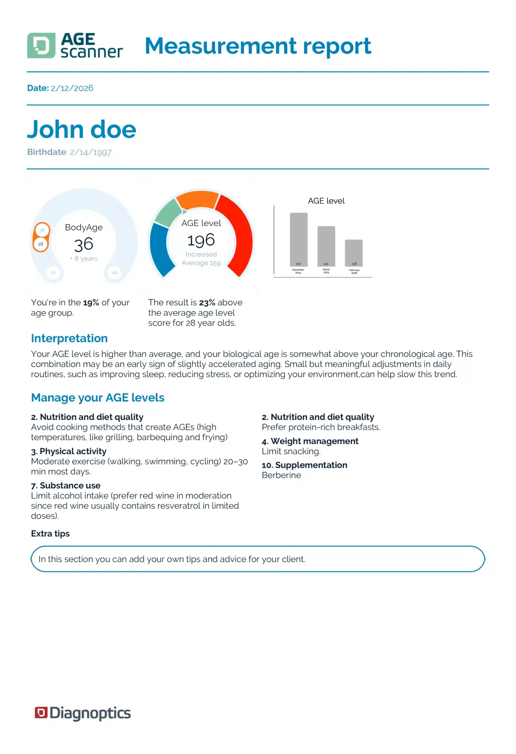 Mobile screen preview of the AGE Guide app paired with the AGE Scanner, showing a client measurement report ready to share or print
